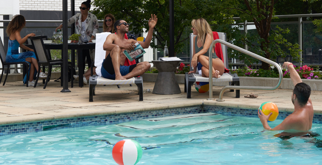 Relaxing poolside lounge seating at the 18 Brownlow urban retreat in Midtown Toronto.